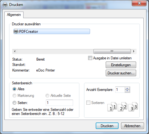 Windows-Druckdialog, in dem der virtuelle PDF-Drucker ausgewählt ist