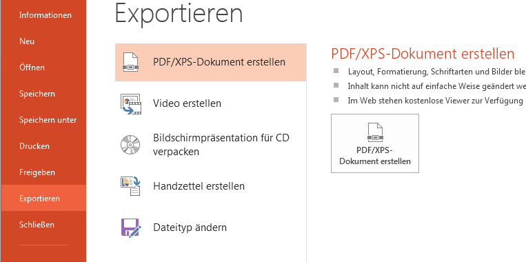 PDF-Export-Menü in Powerpoint 2013