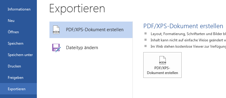 PDF-Export-Menü in Word 2013